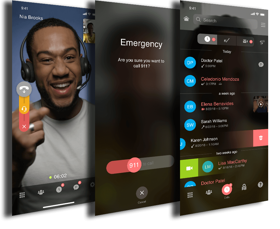 Three images of a potential emergency call plus a list of names