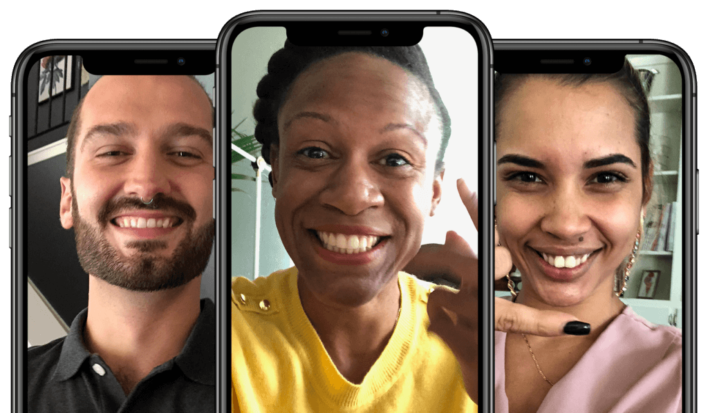 Three individuals smiling via iPhones