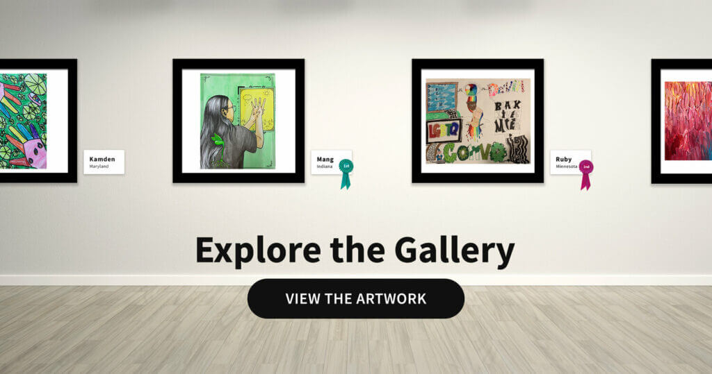 Four frames of paintings in a gallery