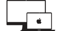 A black monitor with an Apple laptop